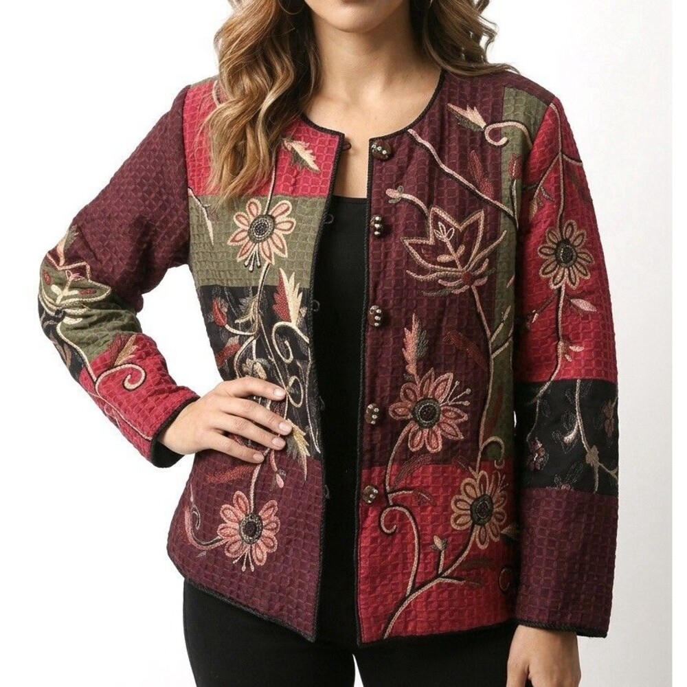 Vintage Alex Kim Jacket FALL COLORS Floral Embroidery Boho Jacket Wood Buttons